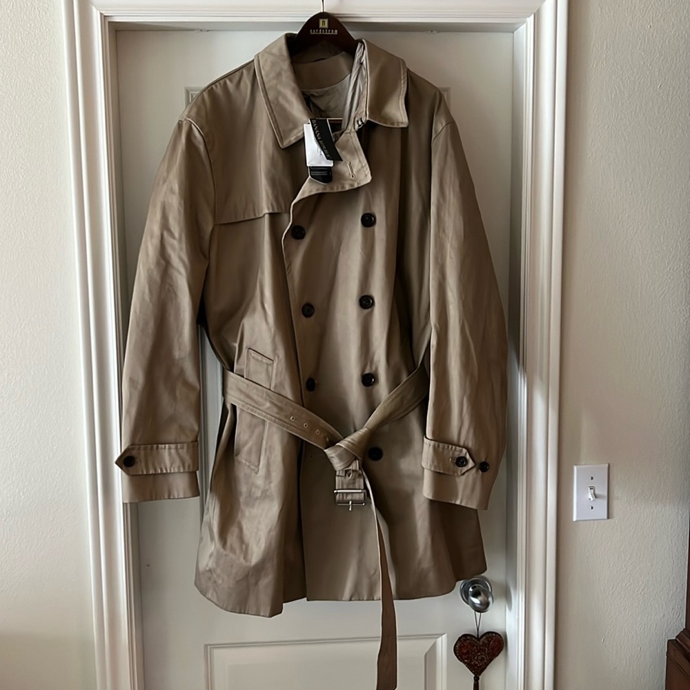 3/4 length tan twill trench coat with Button in/out liner.